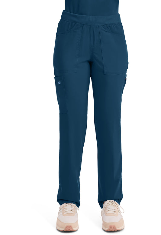 Mid-rise taps toelopende pull-on broek dames met elastische tailleband en stretchstof