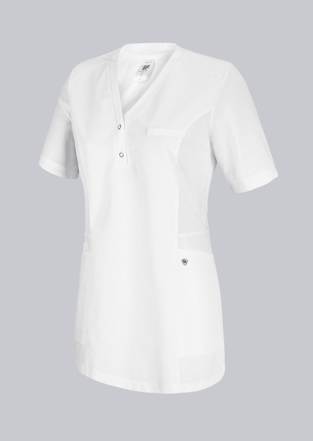 BP dames zorgtuniek in wit met drukknopen en piqué-inzetstukken voor extra bewegingsvrijheid