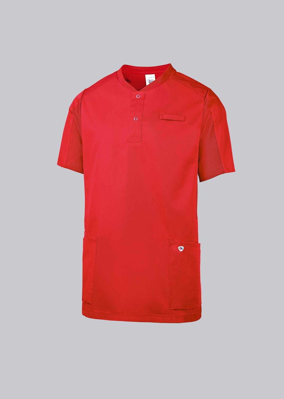 BP unisex zorgtuniek in rood met moderne uitstraling en ademende stof