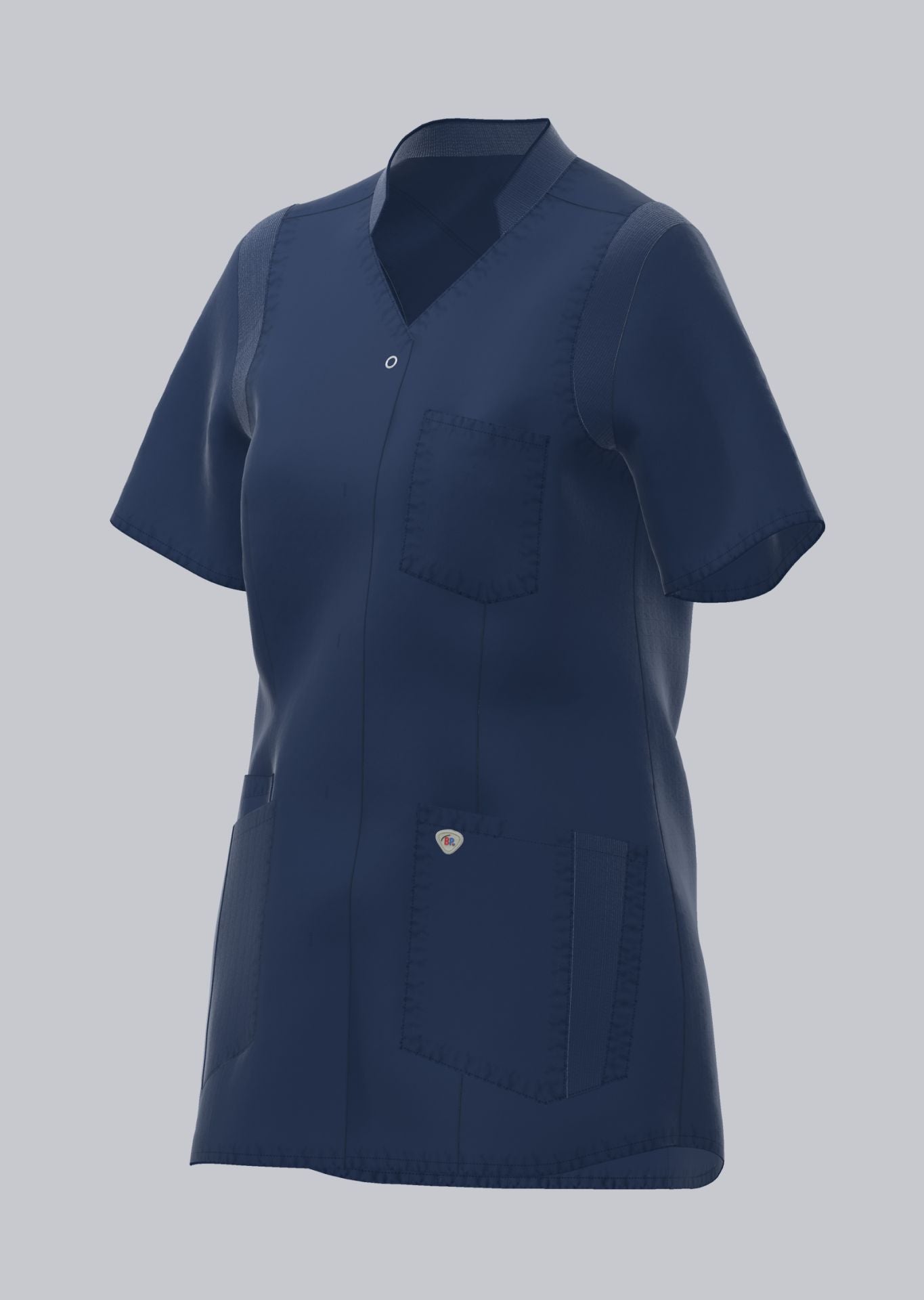 BP lichte dames zorgtuniek in nachtblauw met stretch, V-hals en drukknoopsluiting voor zorgprofessionals