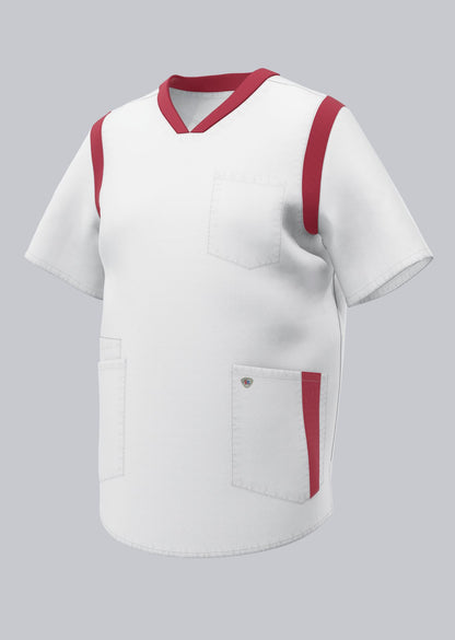 BP lichte unisex zorgtuniek wit met koraal met ademende stretchstof en praktische zakken