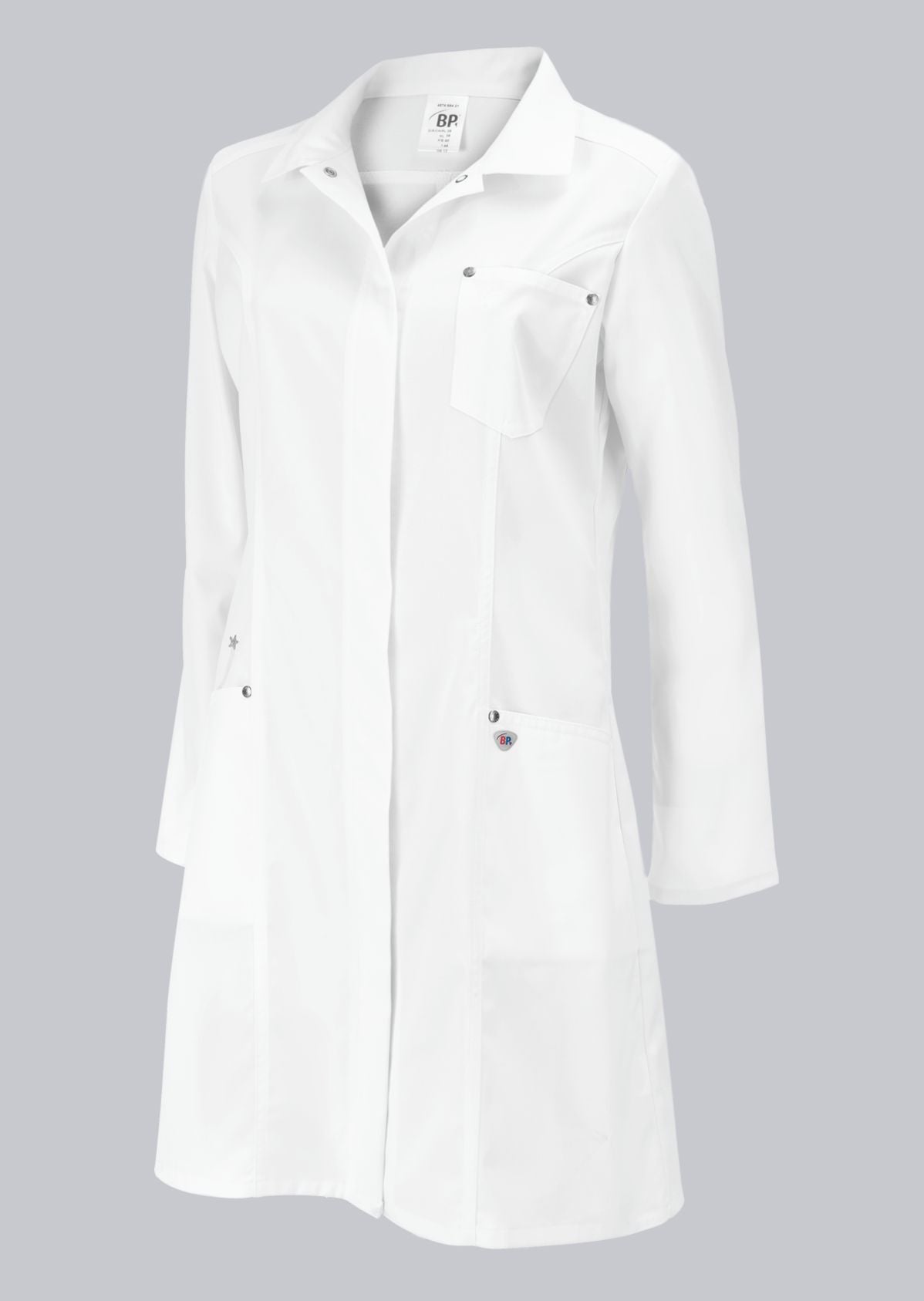 BP lange stretch damesjas met liggende kraag, drukknoopsluiting en elastische stof voor professioneel gebruik