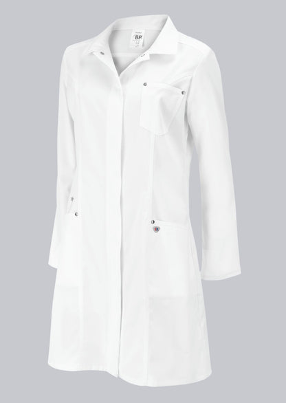 BP lange stretch damesjas met liggende kraag, drukknoopsluiting en elastische stof voor professioneel gebruik