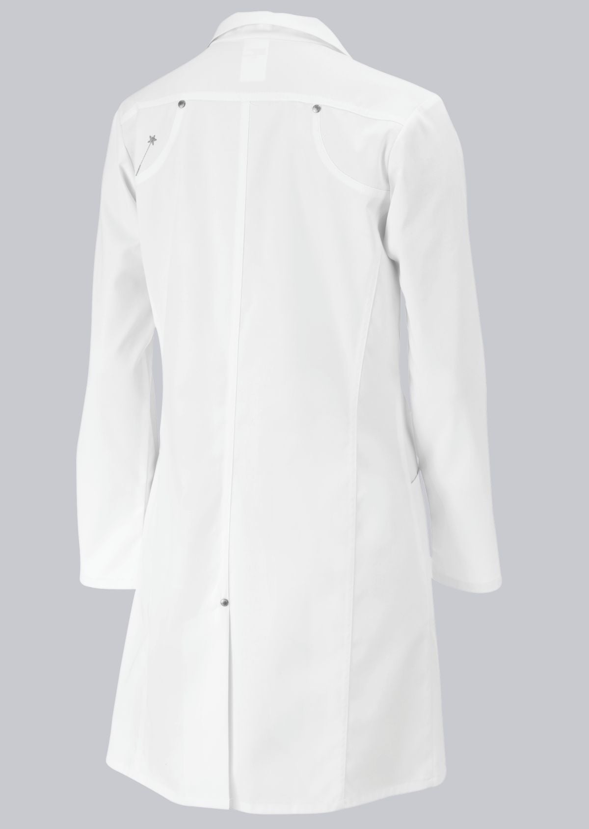 BP lange stretch damesjas met liggende kraag, drukknoopsluiting en elastische stof voor professioneel gebruik