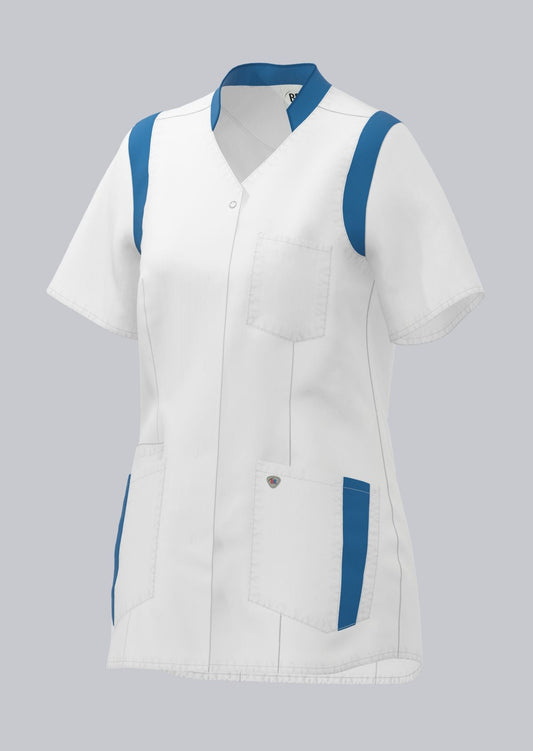 BP stretch dames zorgtuniek wit met azuurblauw met ademende stof en flexibele inzetstukken