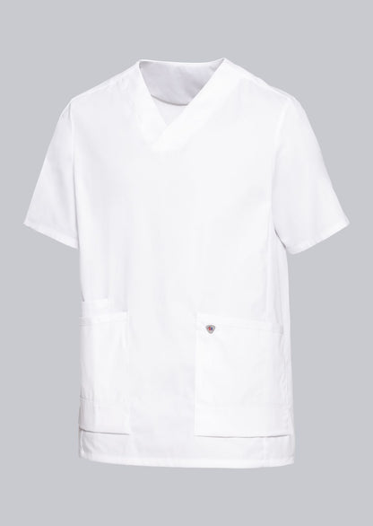 BP lichte unisex zorgtuniek in wit met stretchstof, V-hals zonder inkijk en ademend lichtgewicht ontwerp
