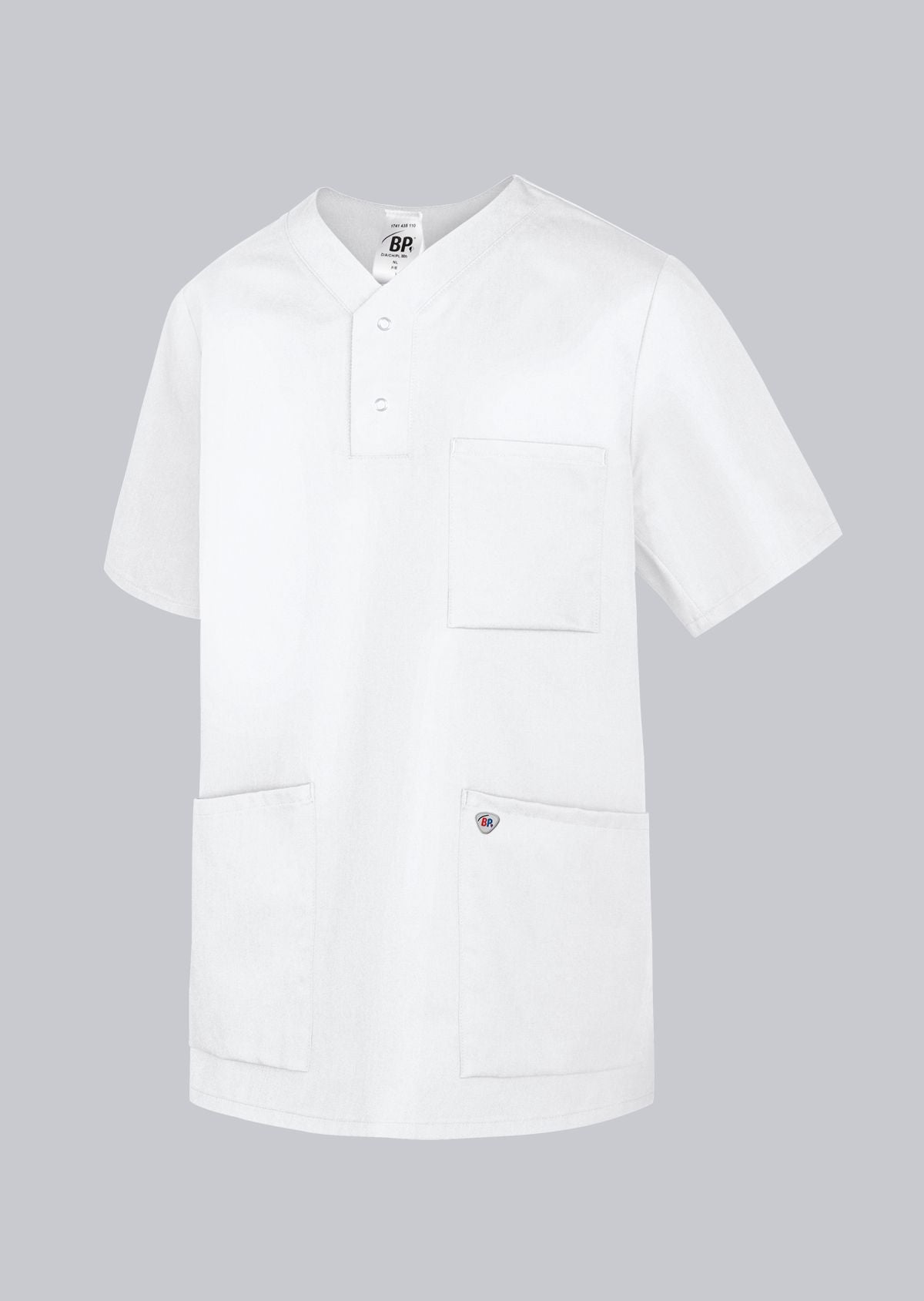 BP unisex zorgtuniek met armliftsysteem, borstzak en drukknopen voor optimale bewegingsvrijheid