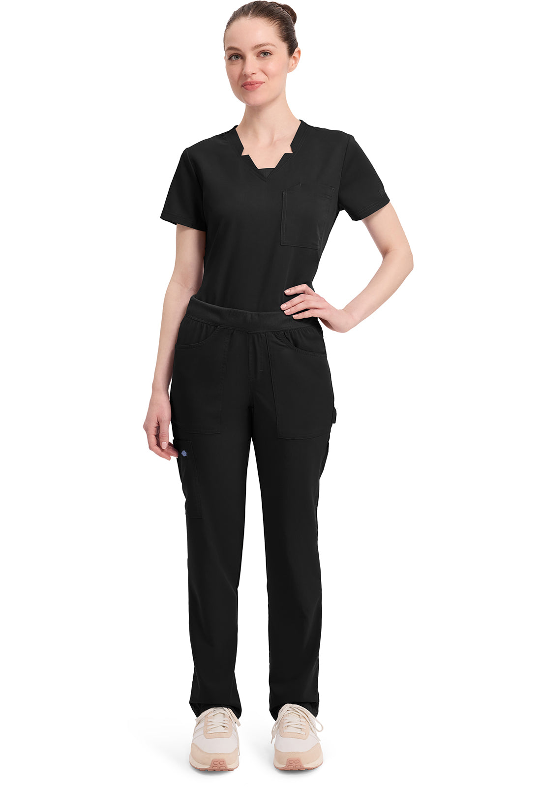 Mid-rise taps toelopende pull-on broek dames met elastische tailleband en stretchstof