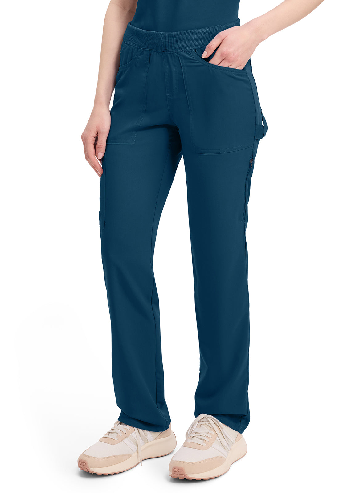Mid-rise taps toelopende pull-on broek dames met elastische tailleband en stretchstof