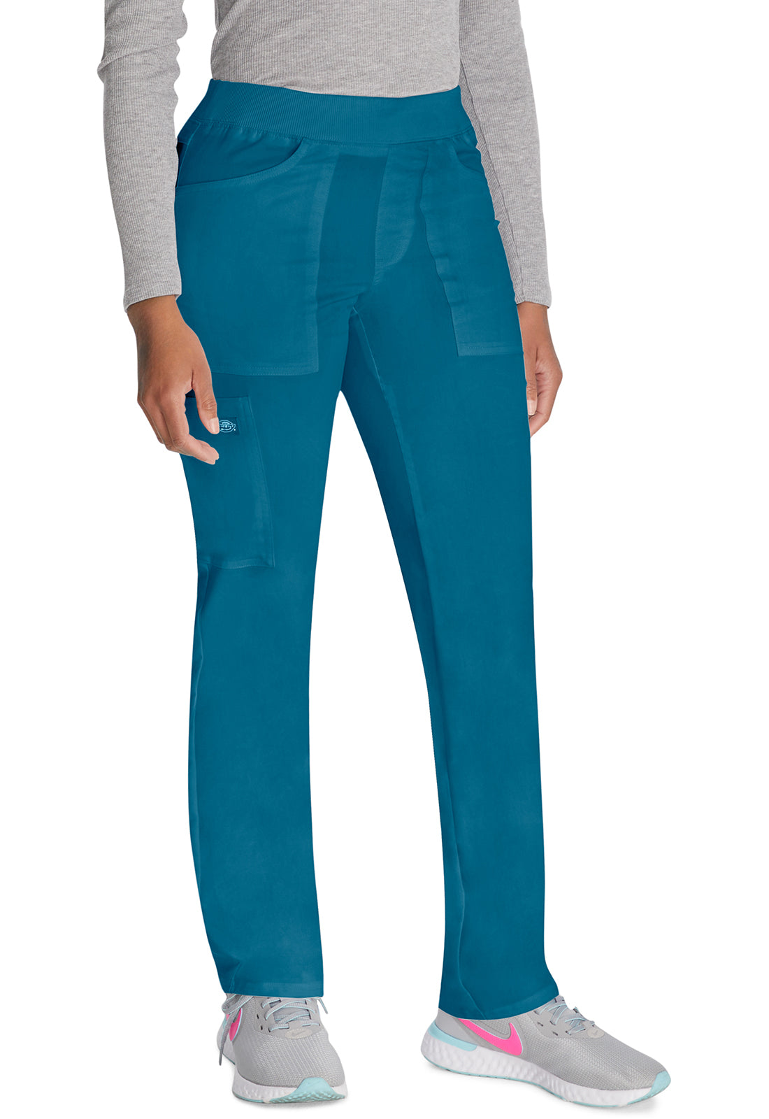 Mid-rise taps toelopende pull-on broek dames met elastische tailleband en stretchstof