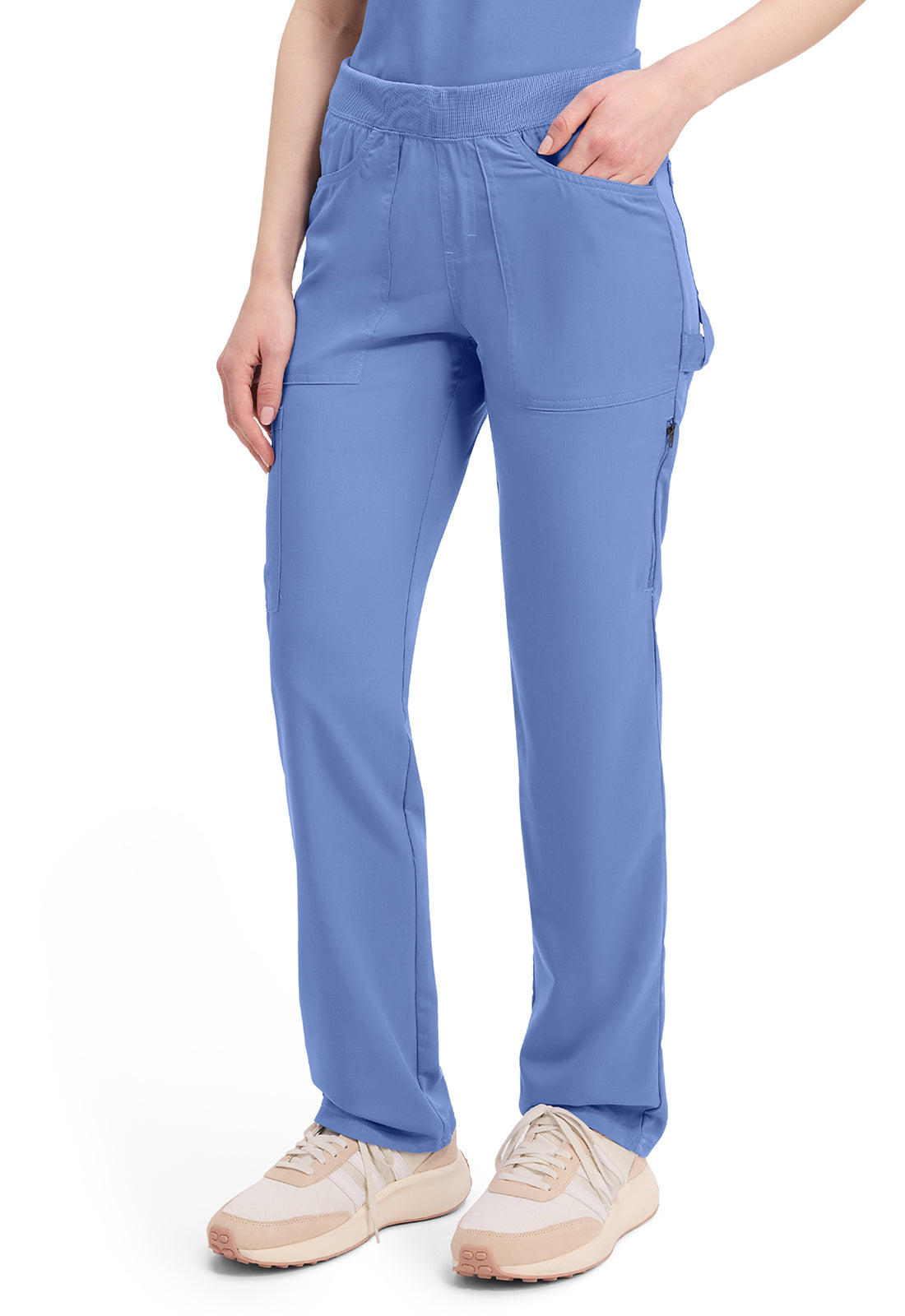 Mid-rise taps toelopende pull-on broek dames met elastische tailleband en stretchstof