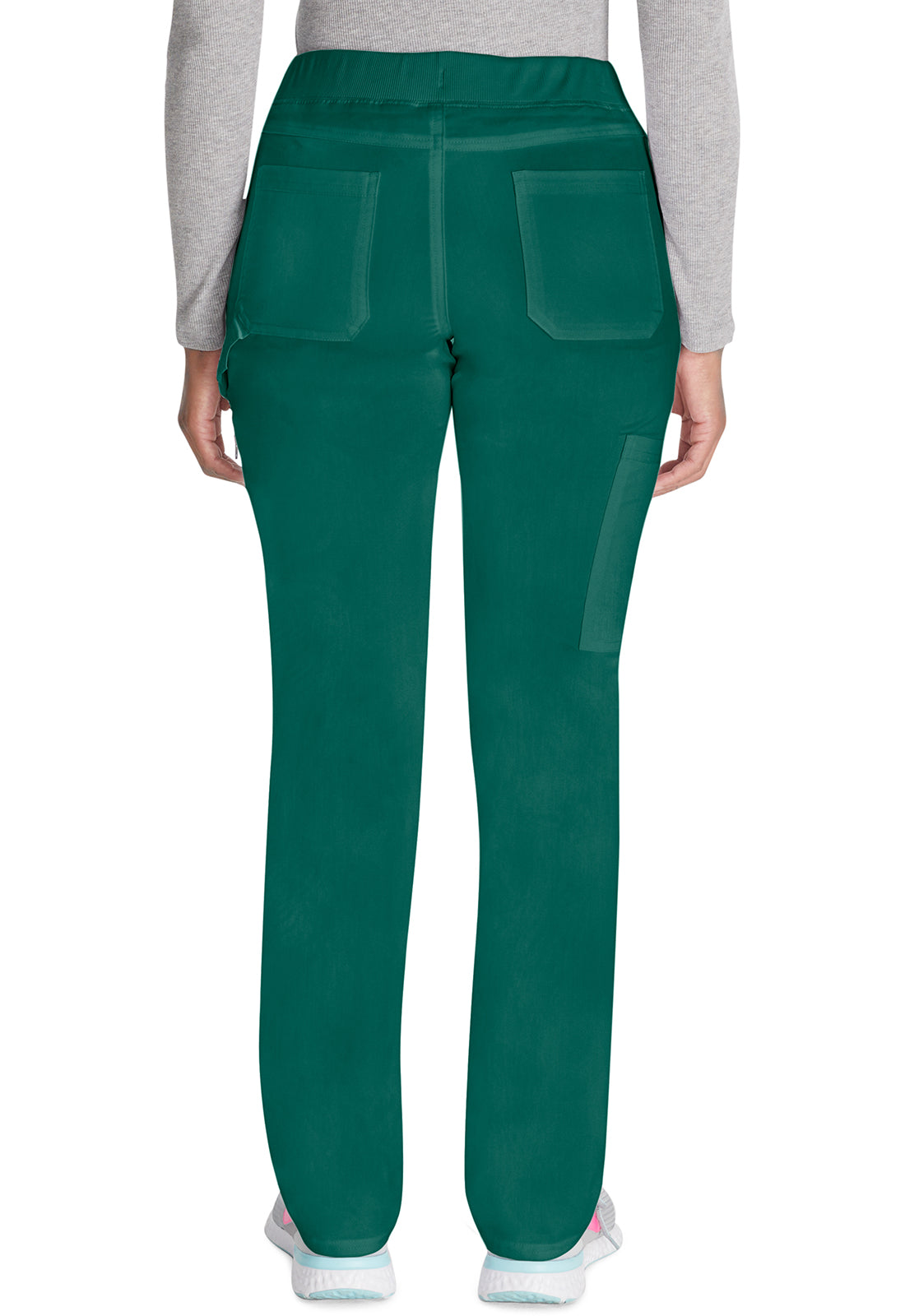 Mid-rise taps toelopende pull-on broek dames met elastische tailleband en stretchstof