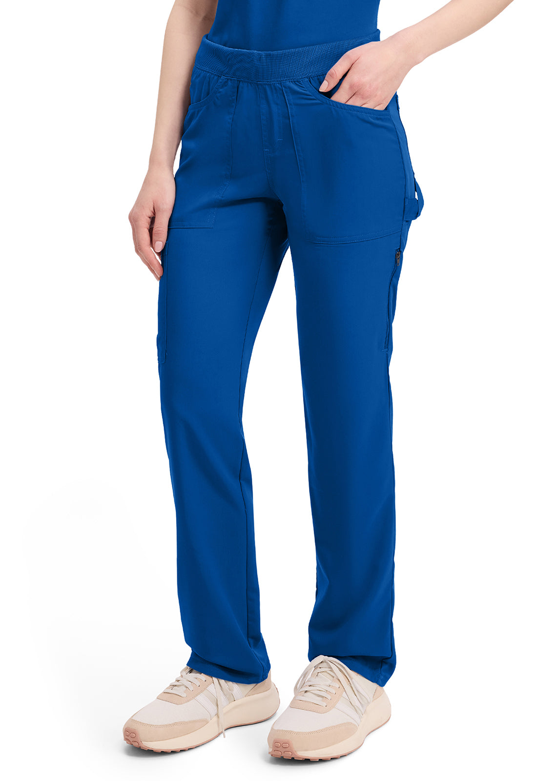 Mid-rise taps toelopende pull-on broek dames met elastische tailleband en stretchstof