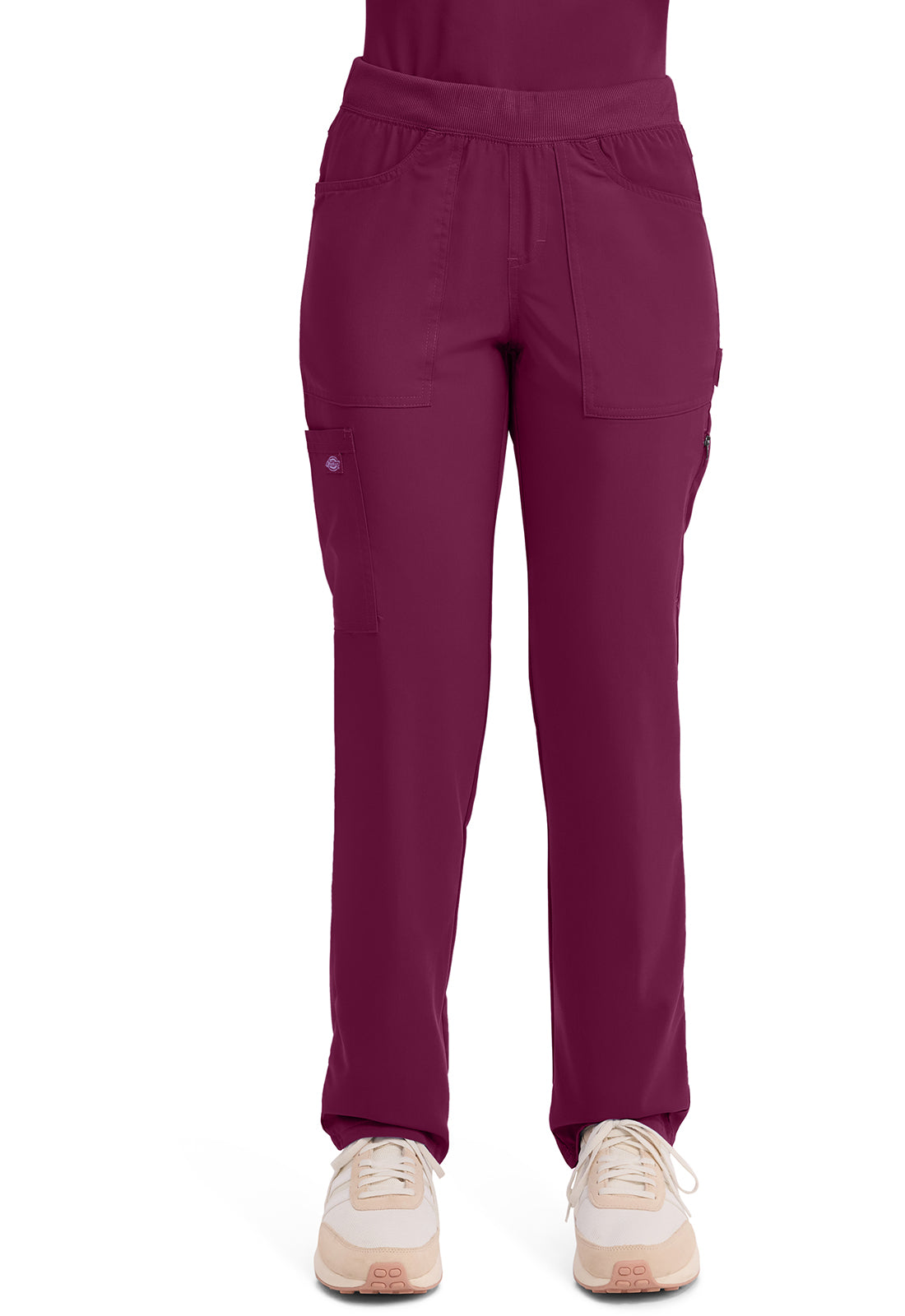 Mid-rise taps toelopende pull-on broek dames met elastische tailleband en stretchstof