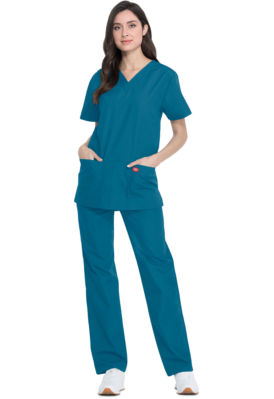 Unisex top en broek set met V-hals en taps toelopende broek met trekkoord
