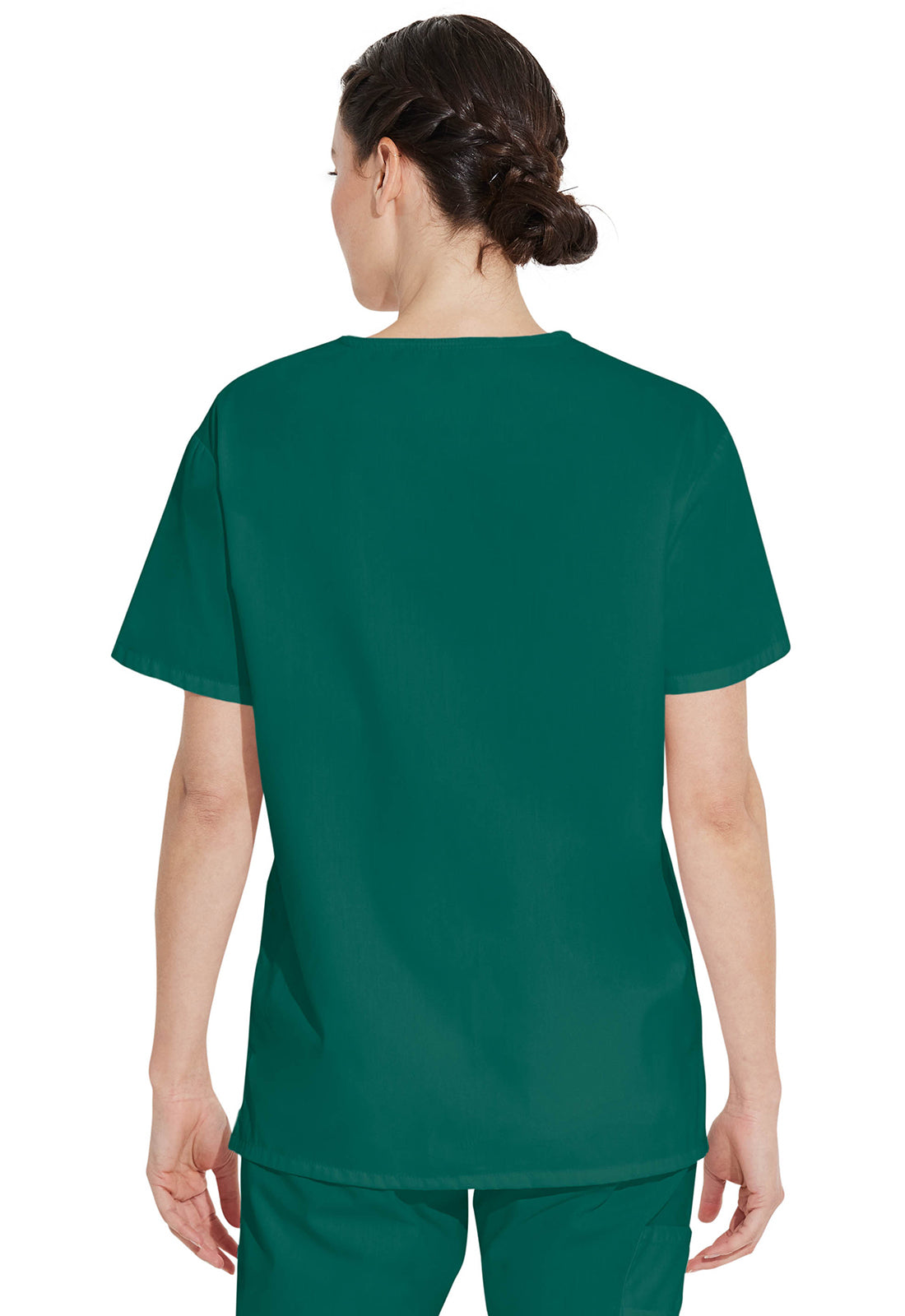 Unisex top met V-hals die in de broek gedragen kan worden met borstzak en zijsplitten