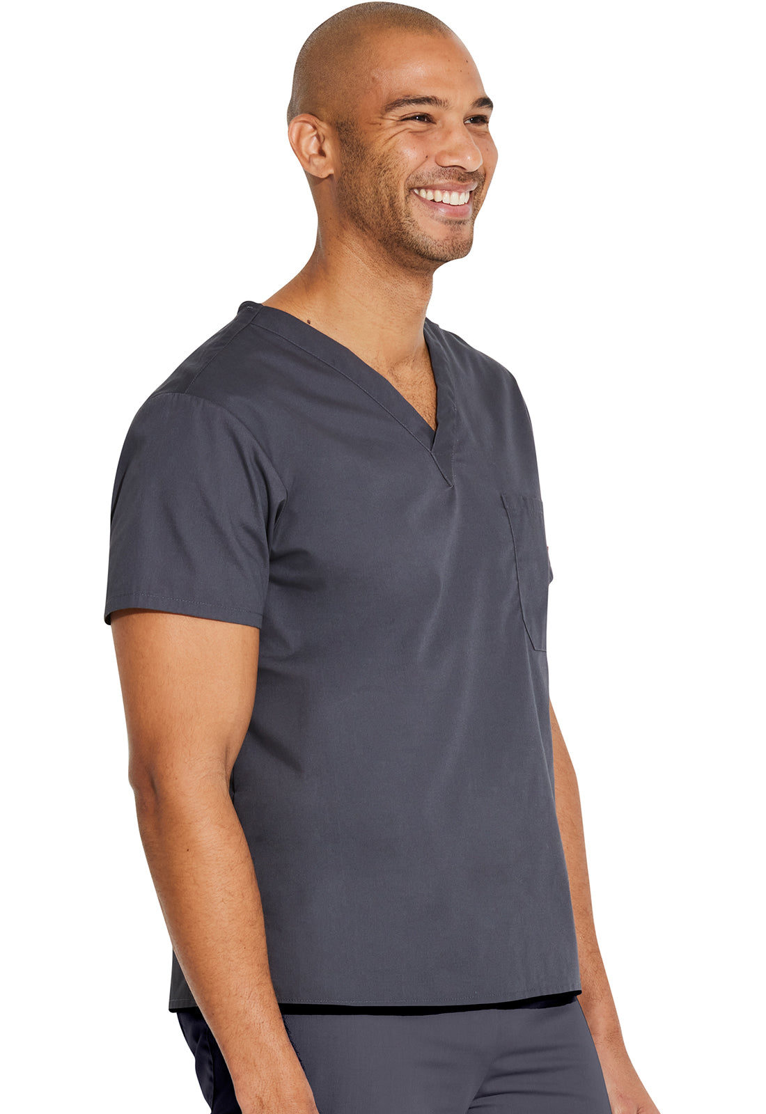 Unisex top met V-hals die in de broek gedragen kan worden met borstzak en zijsplitten