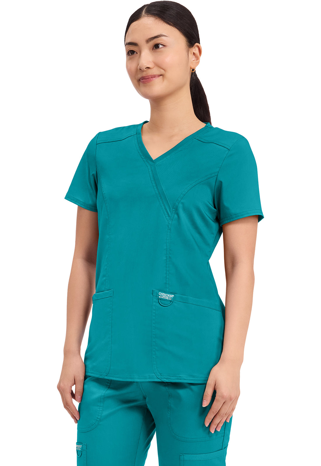 Cherokee Workwear Nep-wikkeltop dames met overslaglook en prinsessennaden WWE610