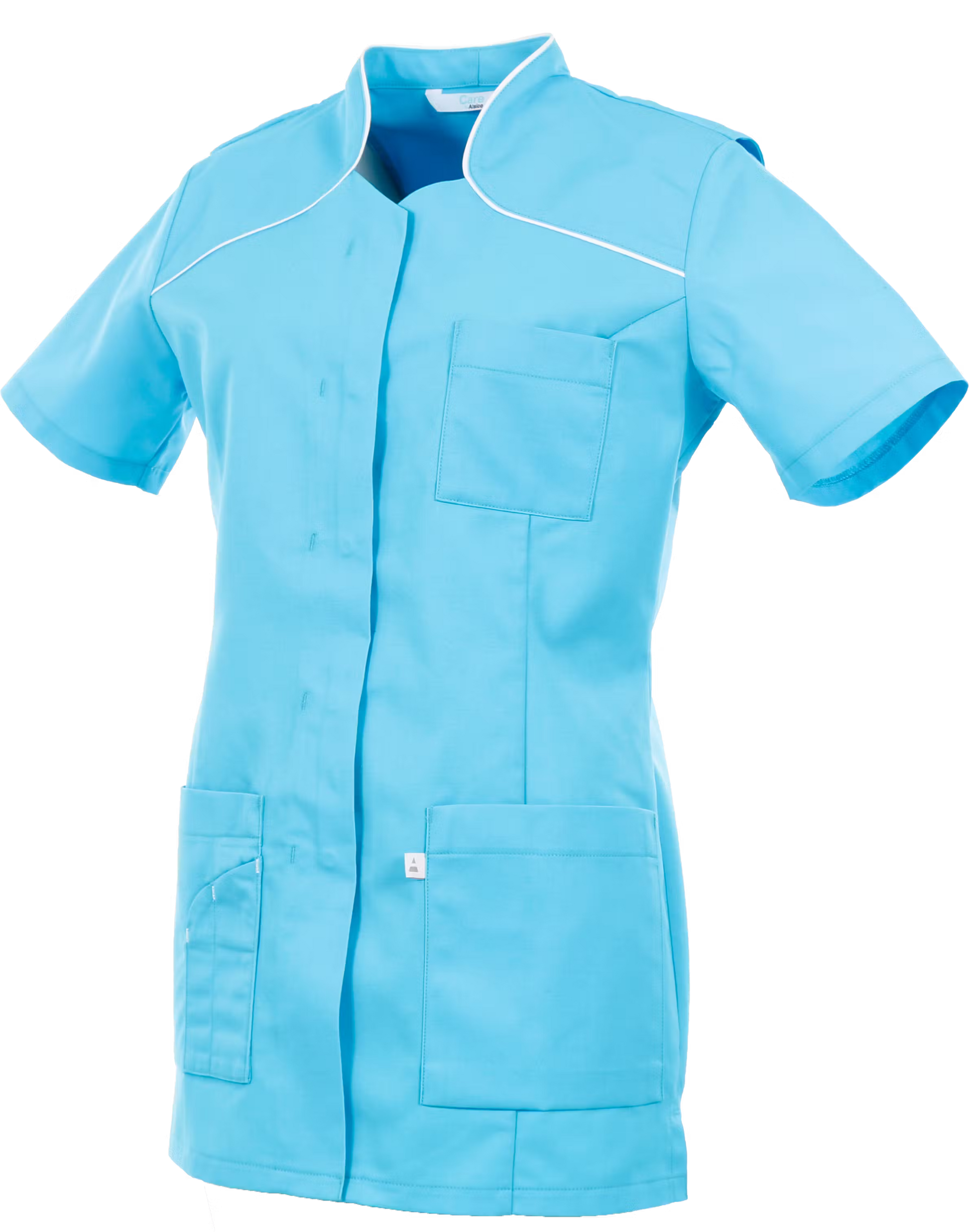 Alsico Mentha dames zorgtuniek blauw wit met magic azuur accenten voor zorgprofessionals