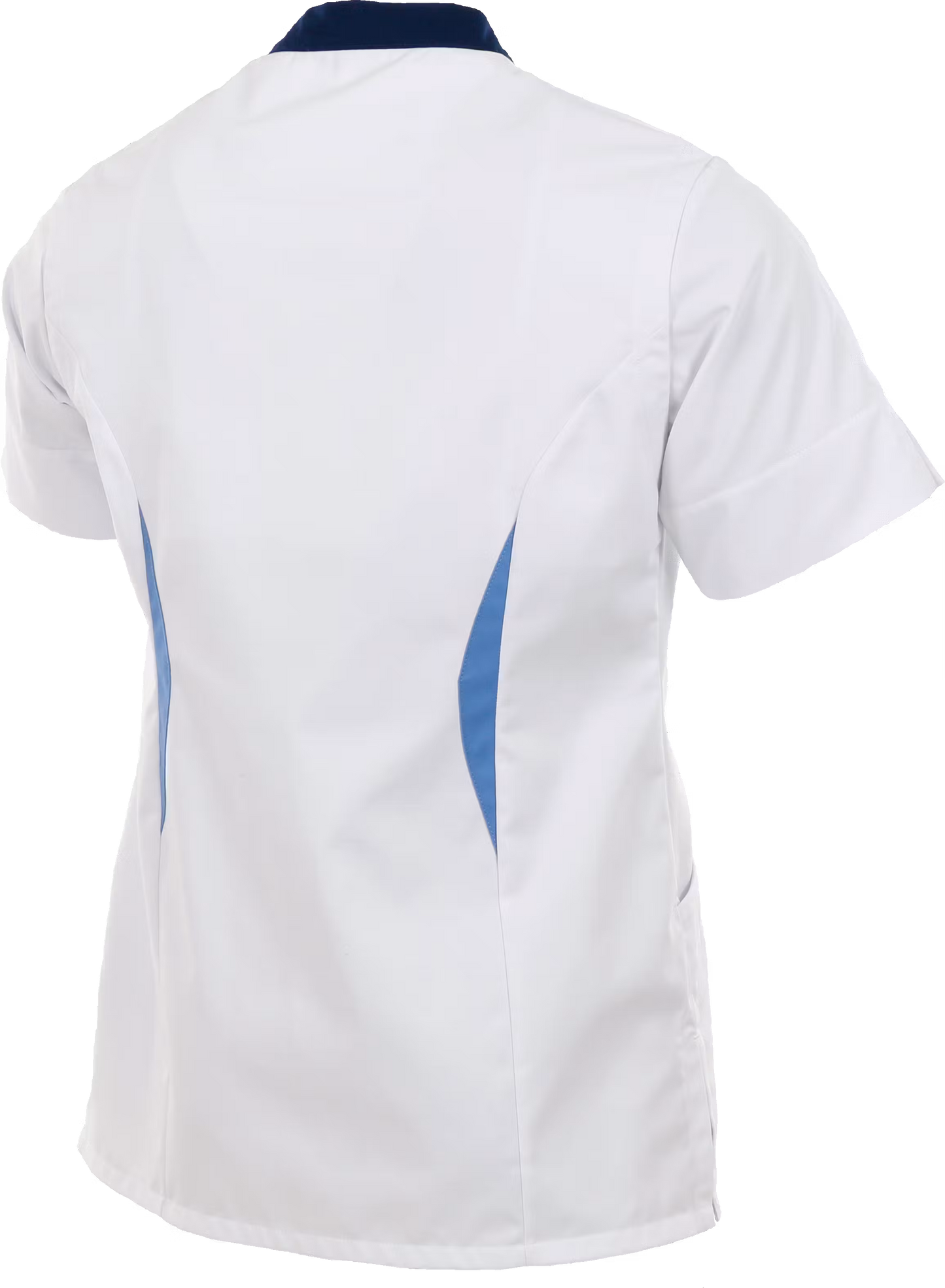 Achteraanzicht van Alsico Arjuno unisex zorgjas wit blauw voor zorgprofessionals
