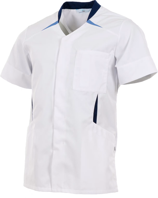 Alsico Arjuno unisex zorgjas wit blauw met V-hals en korte mouwen